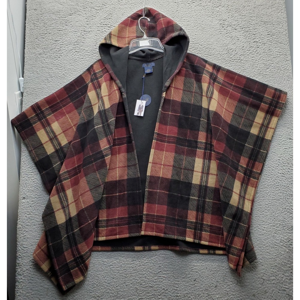 Rachel Roy Poncho Sweater Womens One Size Multi Plaid Fleece Hooded Open Front